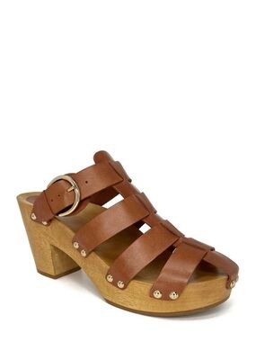 Beek Magpie Heeled Clog Cognac Brown Size 10 Buckle Studded Strappy EUC As New